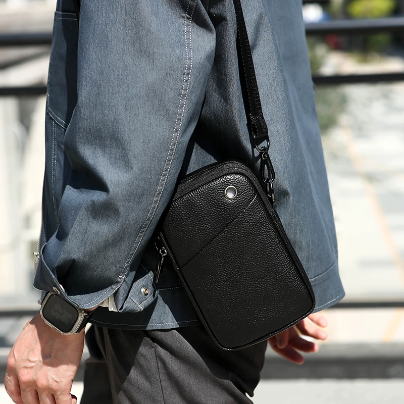 Genuine Leather Men's Shoulder Bag, Top Layer Cowhide Crossbody Bag, Fashionable Men's bag, Vertical Mobile Phone Bag