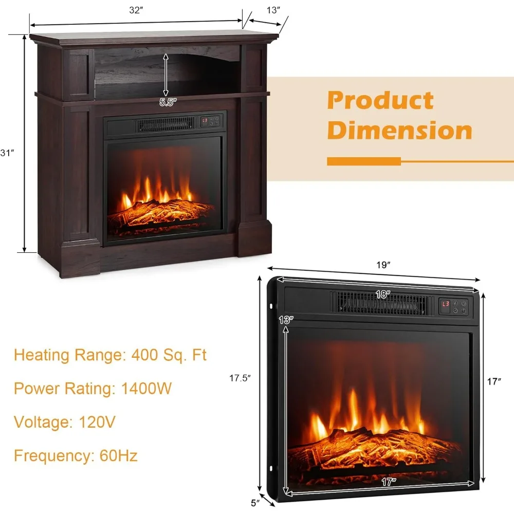 32-inch SIMOE Electric Fireplace with Mantel, 3 Flame Settings, Remote Control, 6-Hour Timer, Overheat Safeguard, 1400W Power