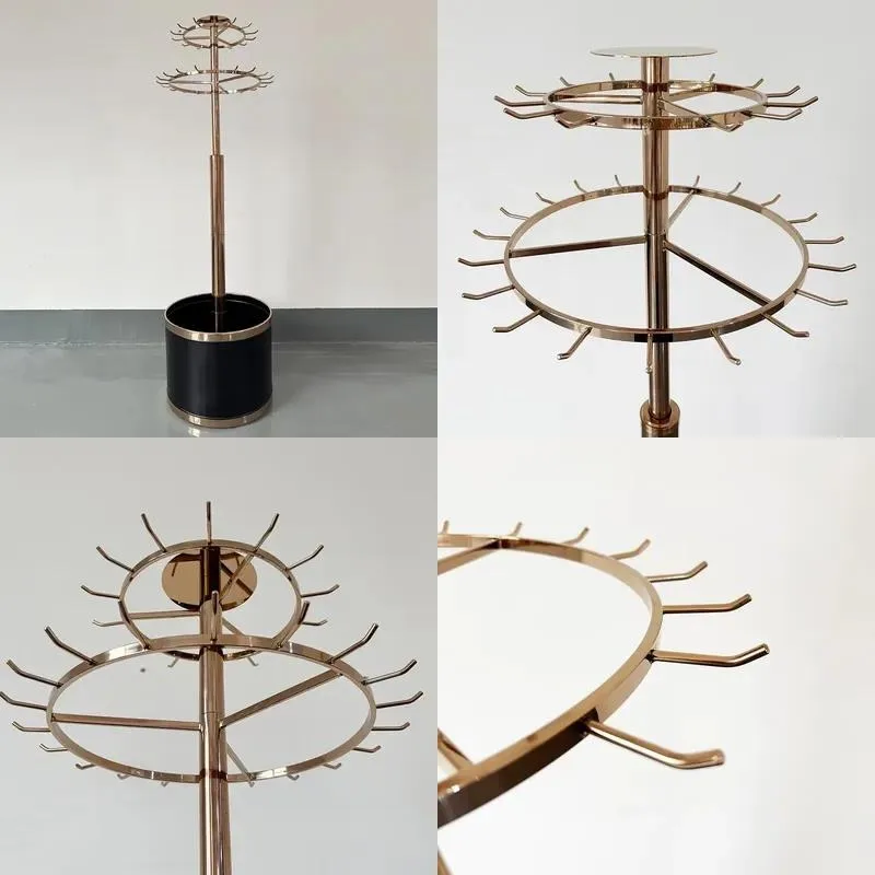 Custom Shiny Gold and Rose Gold Metal Belt Display Rack Black Rotary Suspension Leather Belt and Tie Storage Rack
