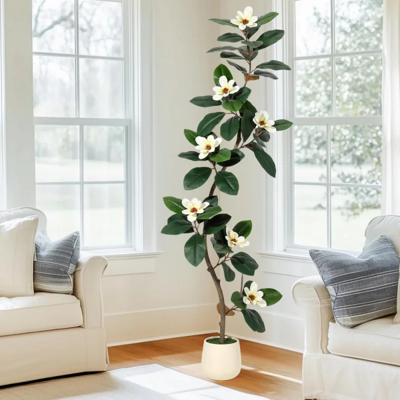 

Artificial Tree in White Planter Pot,Faux Plants Indoor Floor Plant with 7 Pcs Magnolia Flowers