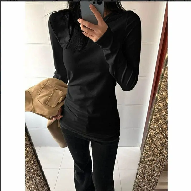 Slimming Effect Long Sleeve round Neck T-Shirt Women's Winter Base Shirt Princess Style plus Size Thickened Velvet Top