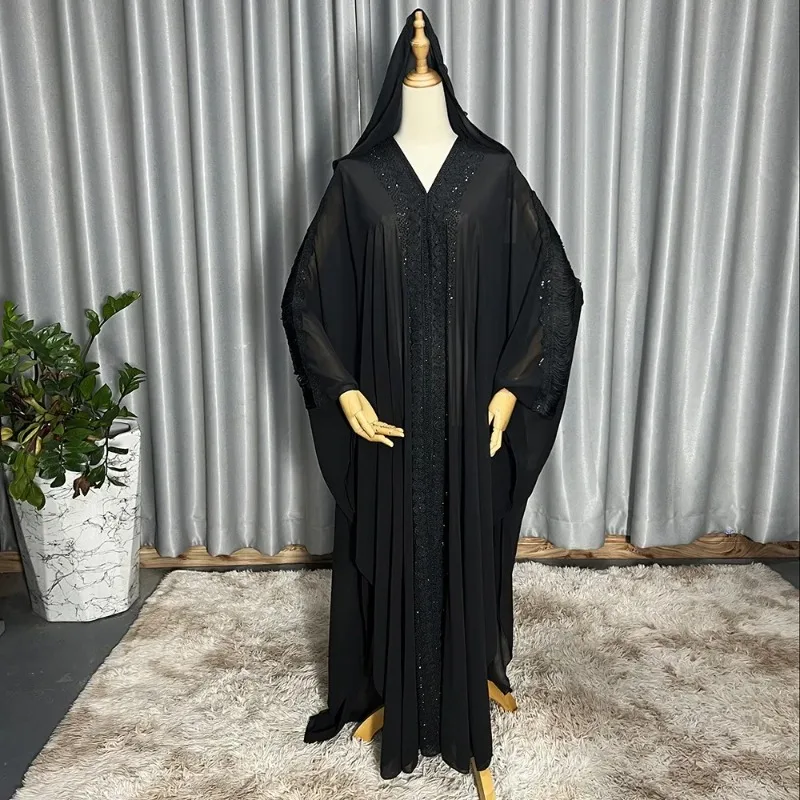 

2024 Abaya Dubai Elegant Muslim Long Sleeve V-neck Black Plus Size Long Abaya Dress Kaftan Abayas for Women with Hijab Gowns