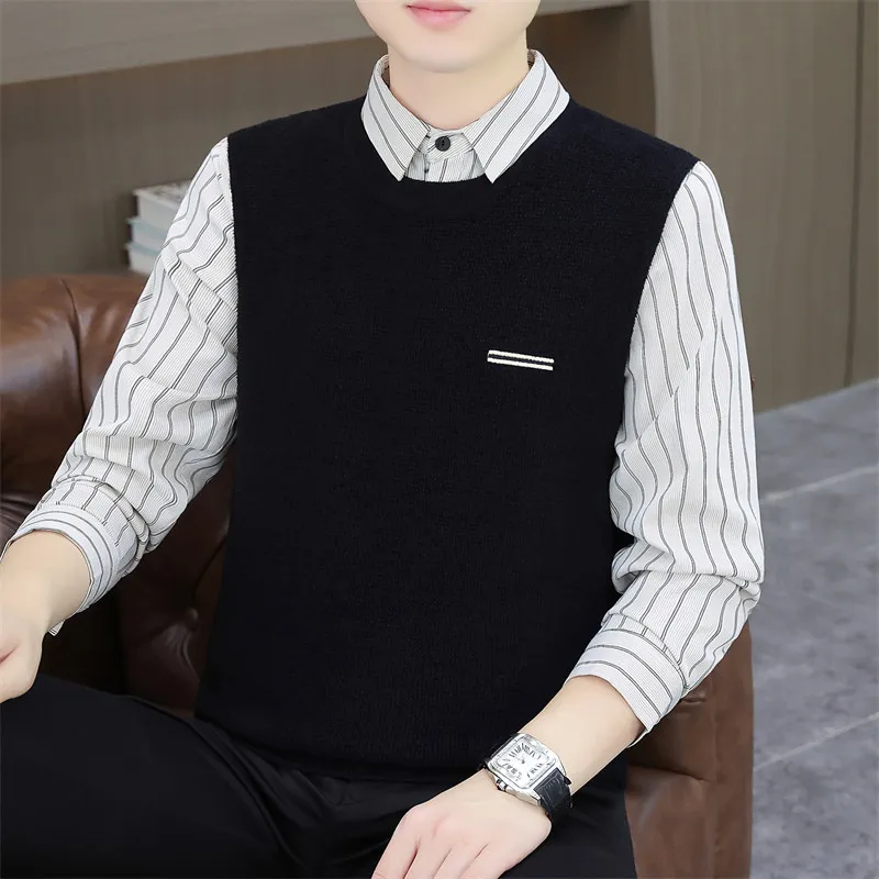 

Повседневный универсальный модный мужской весенне-осенний тонкий комплект из двух предметов: вязаный свитер в полоску с воротником-стойкой, дышащий, приятный к телу...