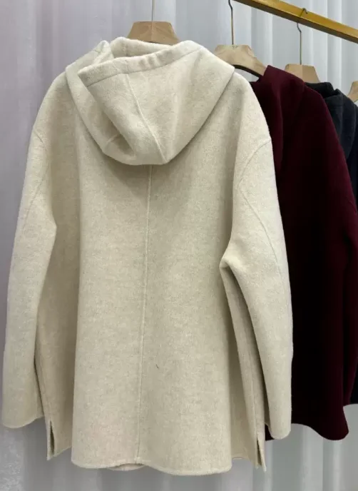 Women Hooded Midi Double Faced Wool Coat Korean Style Plus Size Loose Elegant Premium Wool Outerwear Autumn Winter Fashion Warm