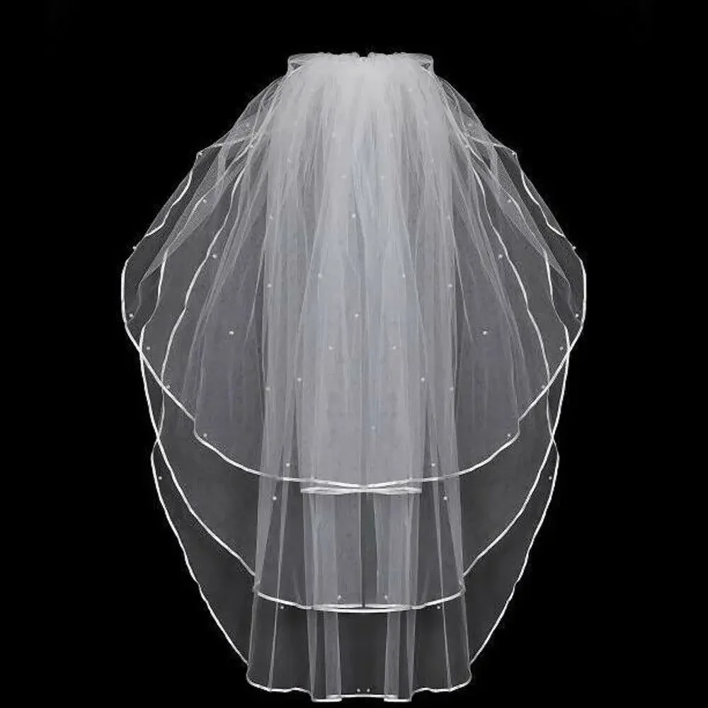 Newly Arrivals 3 Tier White Ivory Short Wedding Veil with Comb Pearl Fingertip Bridal