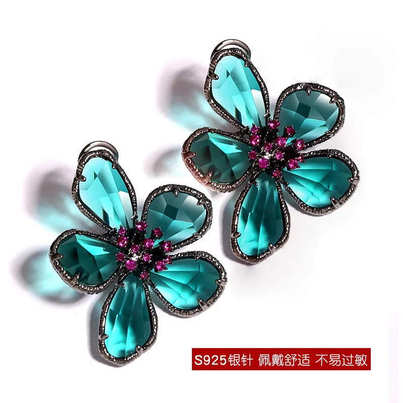 Ajojewel Korean Vintage Green Crystal Flower Earrings Ring Set Jewelry New Women Retro Luxury Gift Bijoux Femme