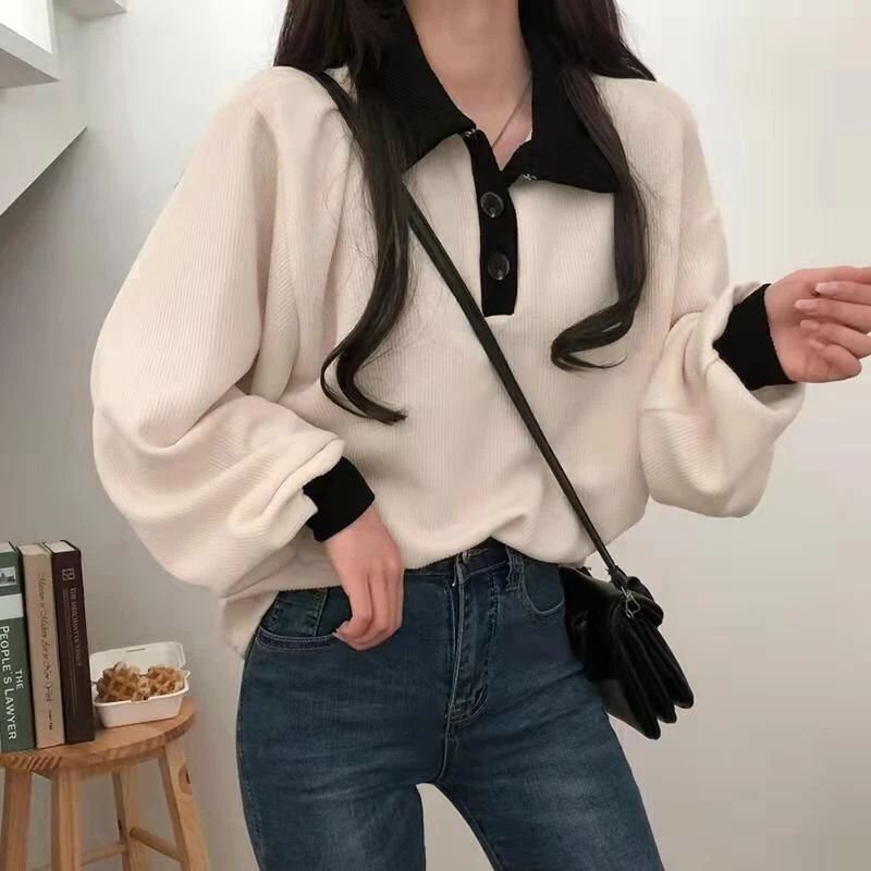 

Simple Lantern Sleeve Women Sweatshirts Korean Patchwork Streetwear T Shirts Female Vintage Casual Buttons Autumn Top New