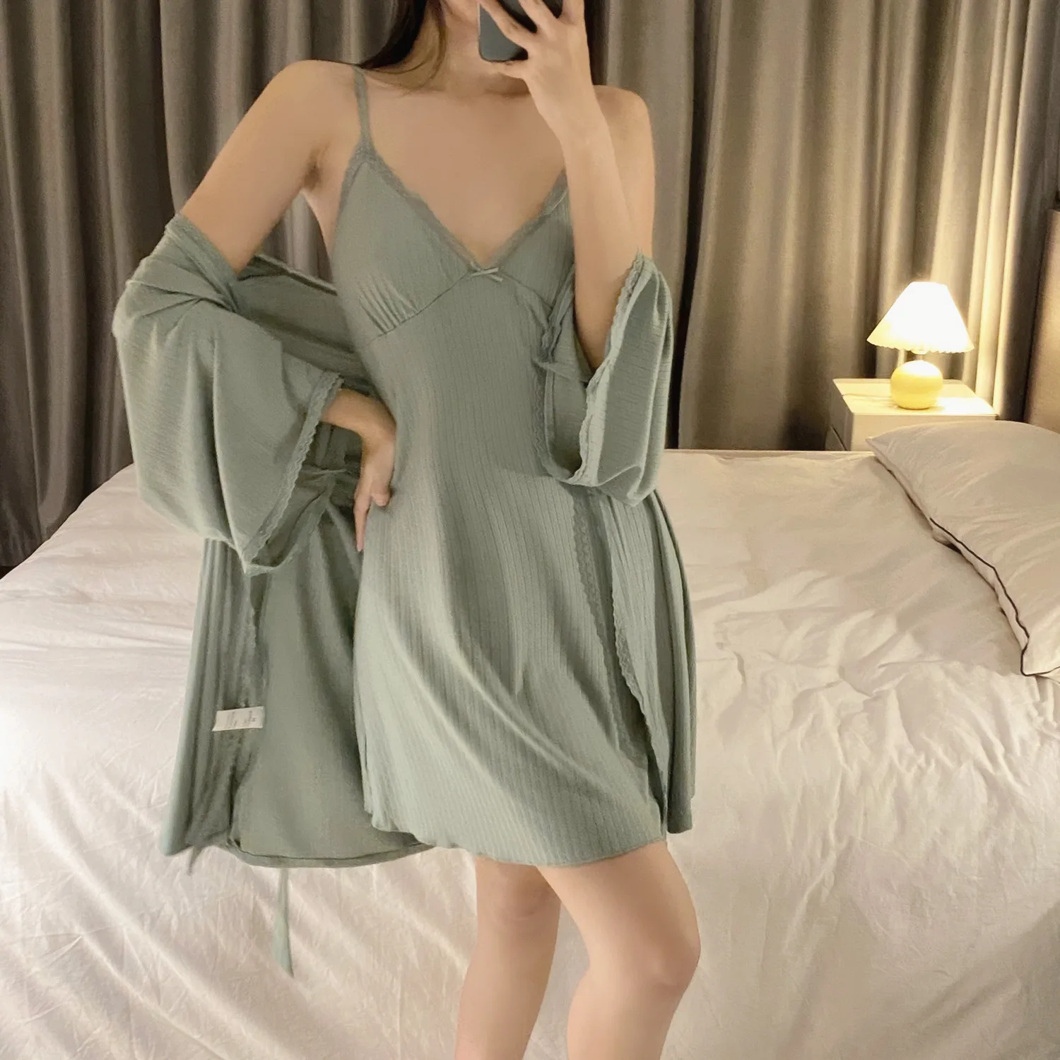 Modal Spaghetti Strap Chemise Nightdress 2PCS Loose Casual Home Clothes Fashion Nighty&robe Set Women\'s Sexy Bathrobe Nightwear