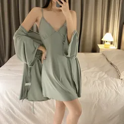 Modal Spaghetti Strap Chemise Nightdress 2PCS Loose Casual Home Clothes Fashion Nighty&robe Set Women's Sexy Bathrobe Nightwear