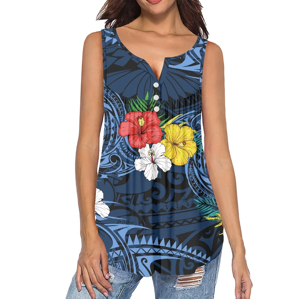 Blue Sleeveless Loose T-Shirt Polynesia Tribal Flannel Printing Hibiscus Flower Shirts 2022 Summer Everyday Wear Sports T-Shirt