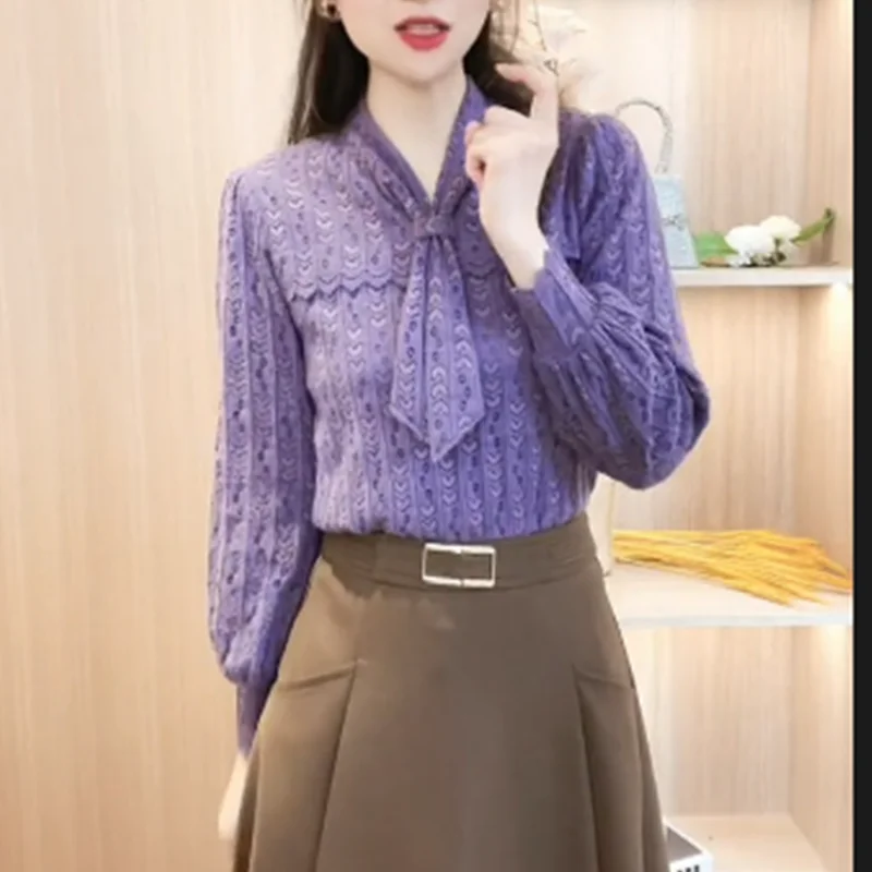 Autumn Winter New Solid Color Scarf Collar Long Sleeve Blouse Women High Street Casual Loose Lace Pullovers Elegant Thick Tops