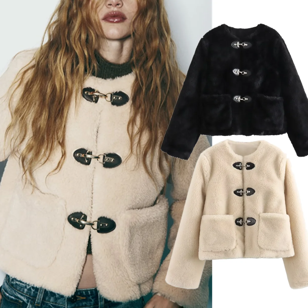 

Maxdutti минималистичная женская одежда, топы, женская куртка, элегантная флисовая куртка с круглым вырезом и пряжкой из бычьего рога, женская зимняя куртка