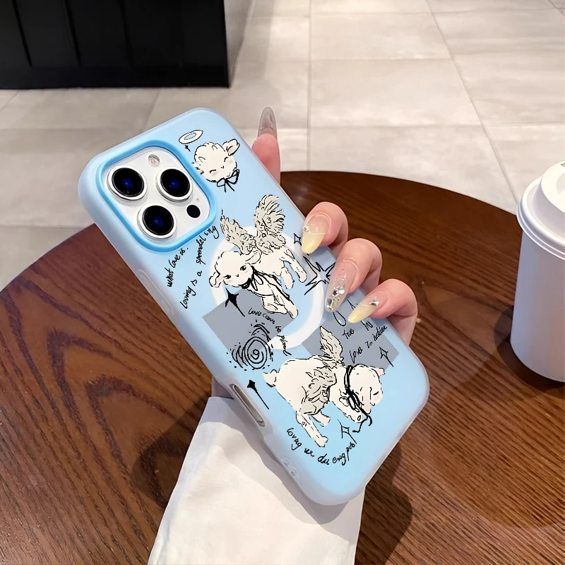 เคสโทรศัพท์ลายการ์ตูนแกะน้อยน่ารักเรียบง่ายทันสมัยพร้อมปีกแม่เหล็ก สำหรับ iPhone 16 15 14 13 12 11 PROMAX