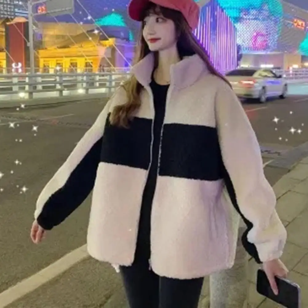 Women Contrast Color Jacket Women Coat Colorblock Stand Collar Winter Coat with Thickened Fleece Windproof Design for Plus Size