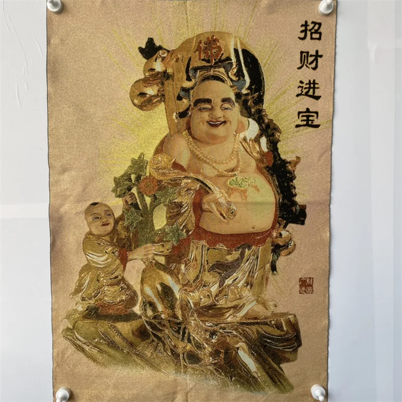 Chinese Antique Silk Brocade Tangka 'Zhaocai Buddha' Embroidery Wall Art Traditional Home Decor