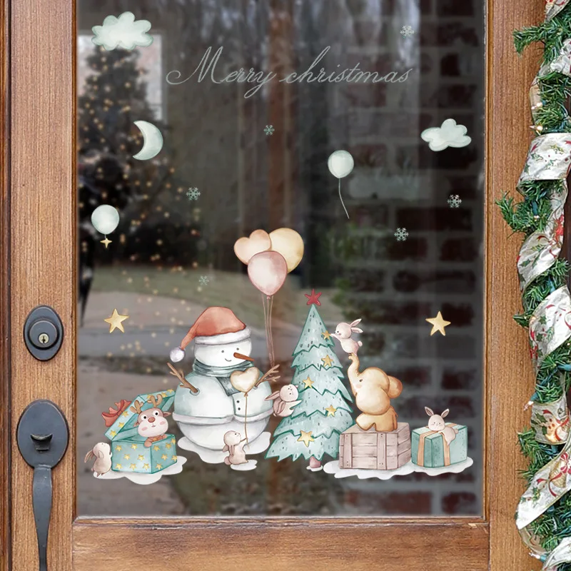 Full Transparent Christmas Cartoon Snowman Christmas Tree Landscaping Decorative Glass Window Door Wall Sticker