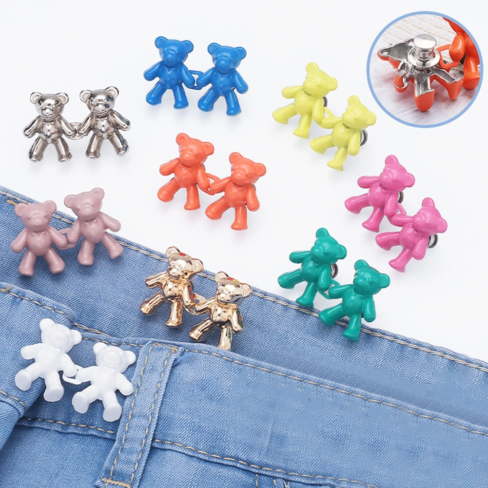 1Pair Cute Bear Jeans Button Pins No Sew Detachable Waist Body Extender Adjustable Bear Clips for Loose Jean Fit Tighten Buckles