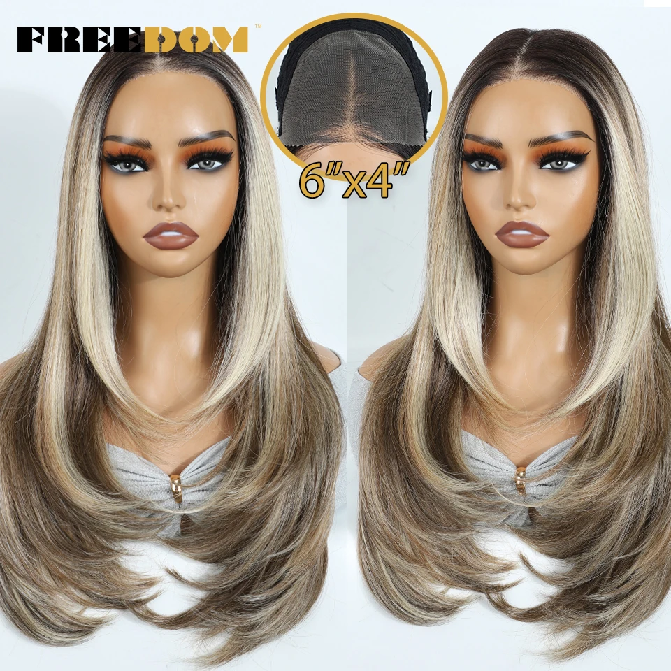 FREEDOM Synthetic Lace Front Wigs For Woman Layered Straight Wigs Ombre Brown 6x4 Pre Plucked Pre Cut Wear and Go Glueless Wig