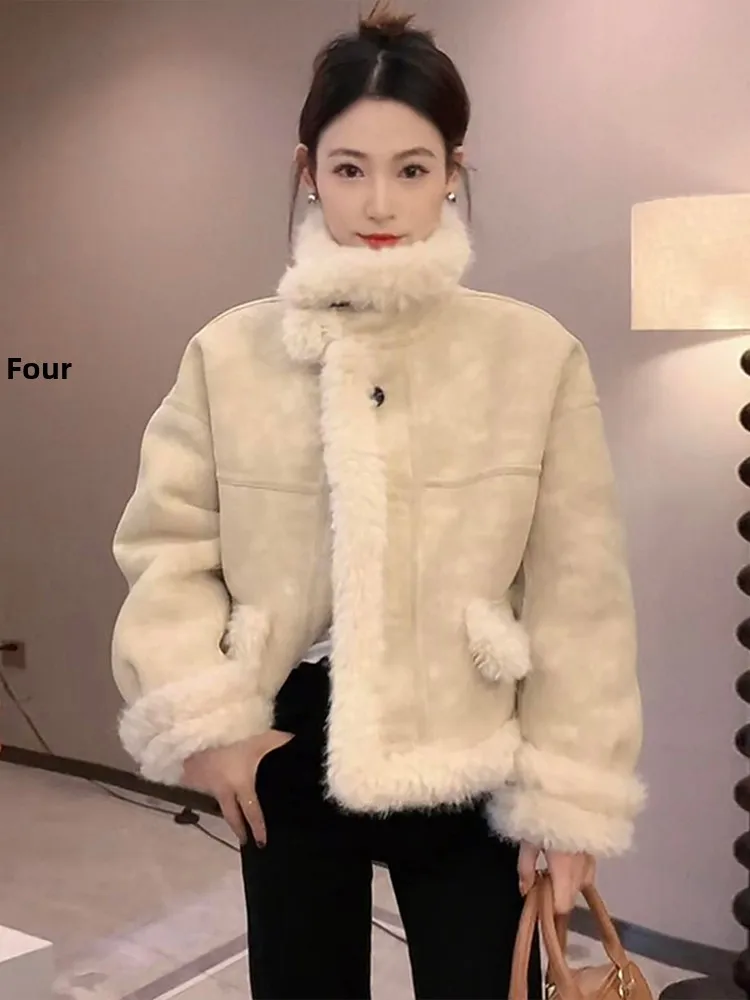 

Женская зимняя куртка из оленьей кожи с бархатистым мехом ягненка, новая модель, в мотоциклетном стиле, с интегрированным мехом и кожей, короткое пальто из искусственного меха.