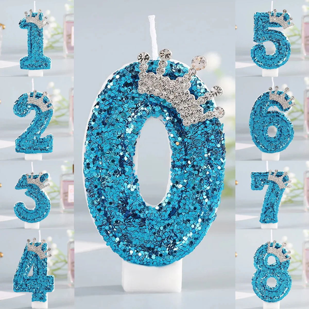 Blue Crown Number Birthday Candles 0-9 - Creative Glitter Cake Topper for Princess Girl Birthday Party Decor