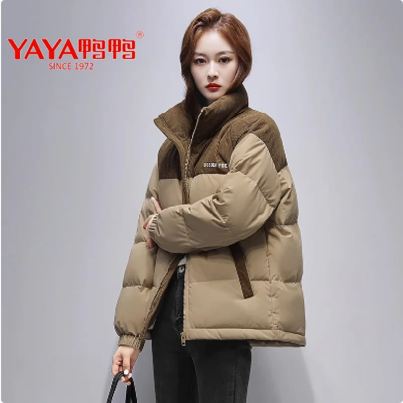 YAYA 2024 Winter Women Stand Collar Puffy Coat Loose Style 90% Short Thick White Duck Down Jacket Windbreak Outwear