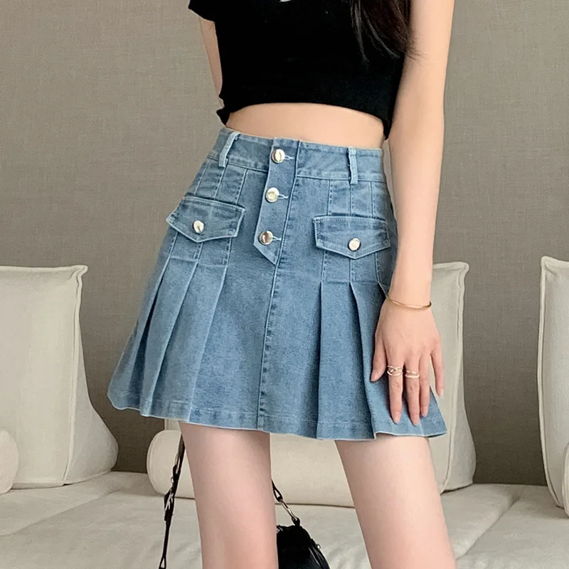 

Women's Petite Y2K Ruffle Hem Pleated High Waist Short A Line Flared Jean Denim Mini Skirt