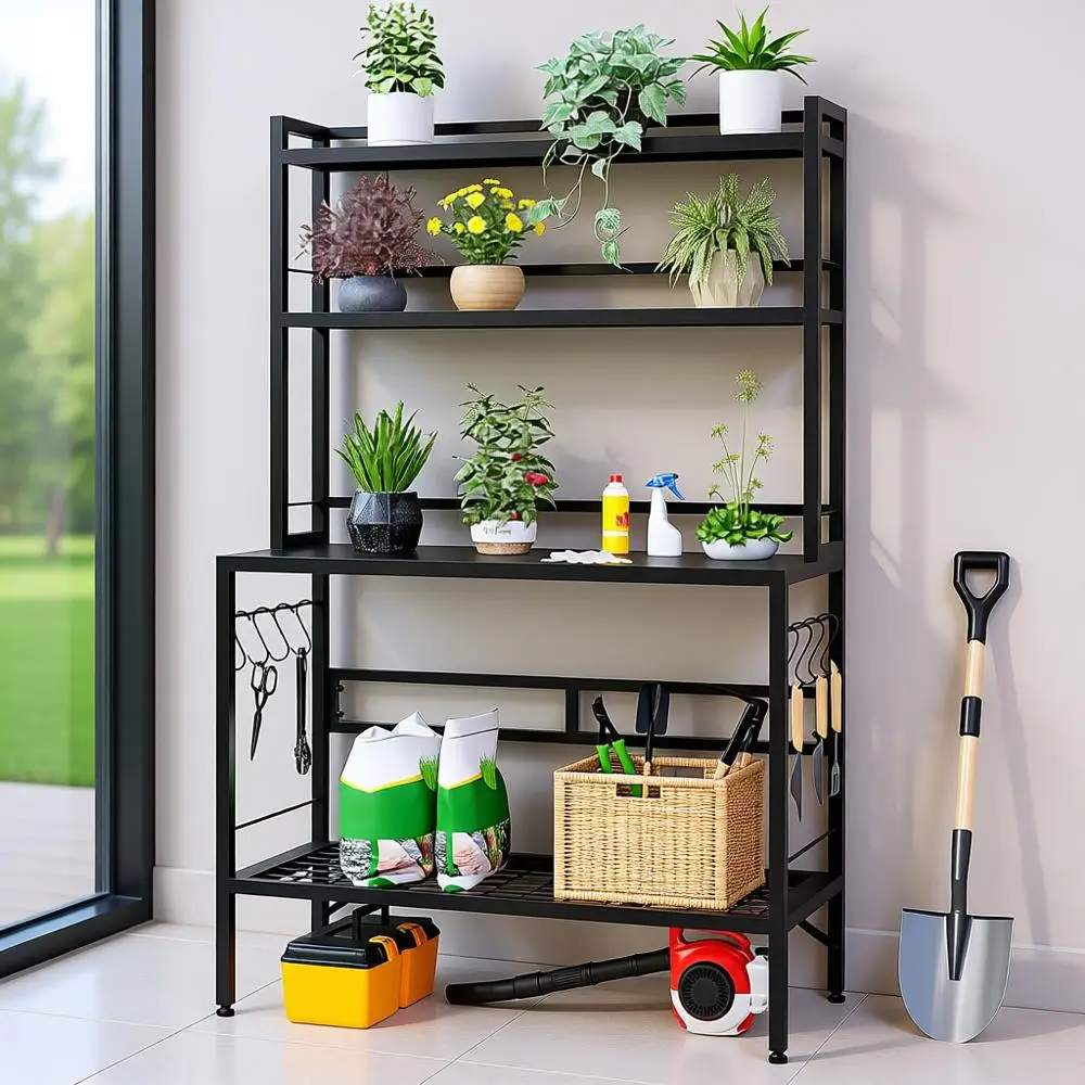 

Outdoor Metal Garden Potting Bench & Table with Metal Tabletop, 4-Tier Plant Shelf Rack, 8 Side Hooks, Outdoor/Indoor Gardening