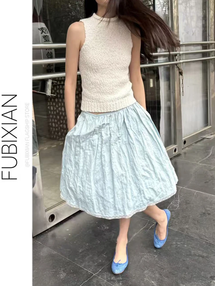 

Structured Pleated Midi A-Line Skirt Korean Style High Waist Cotton Blend Spring Summer New Design Blue Feminine Half-length ...