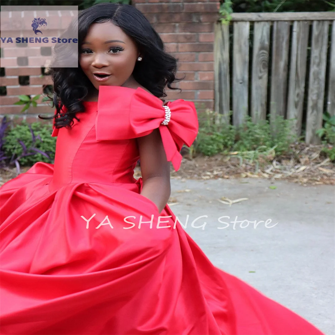 ثوب حفلة ثنيات دوقة من الساتان للأطفال الصغار لعيد الميلاد على شكل زهرة للفتيات فستان بفيونكة وجيب للحفلات الرسمية للأطفال المراهقين المائي