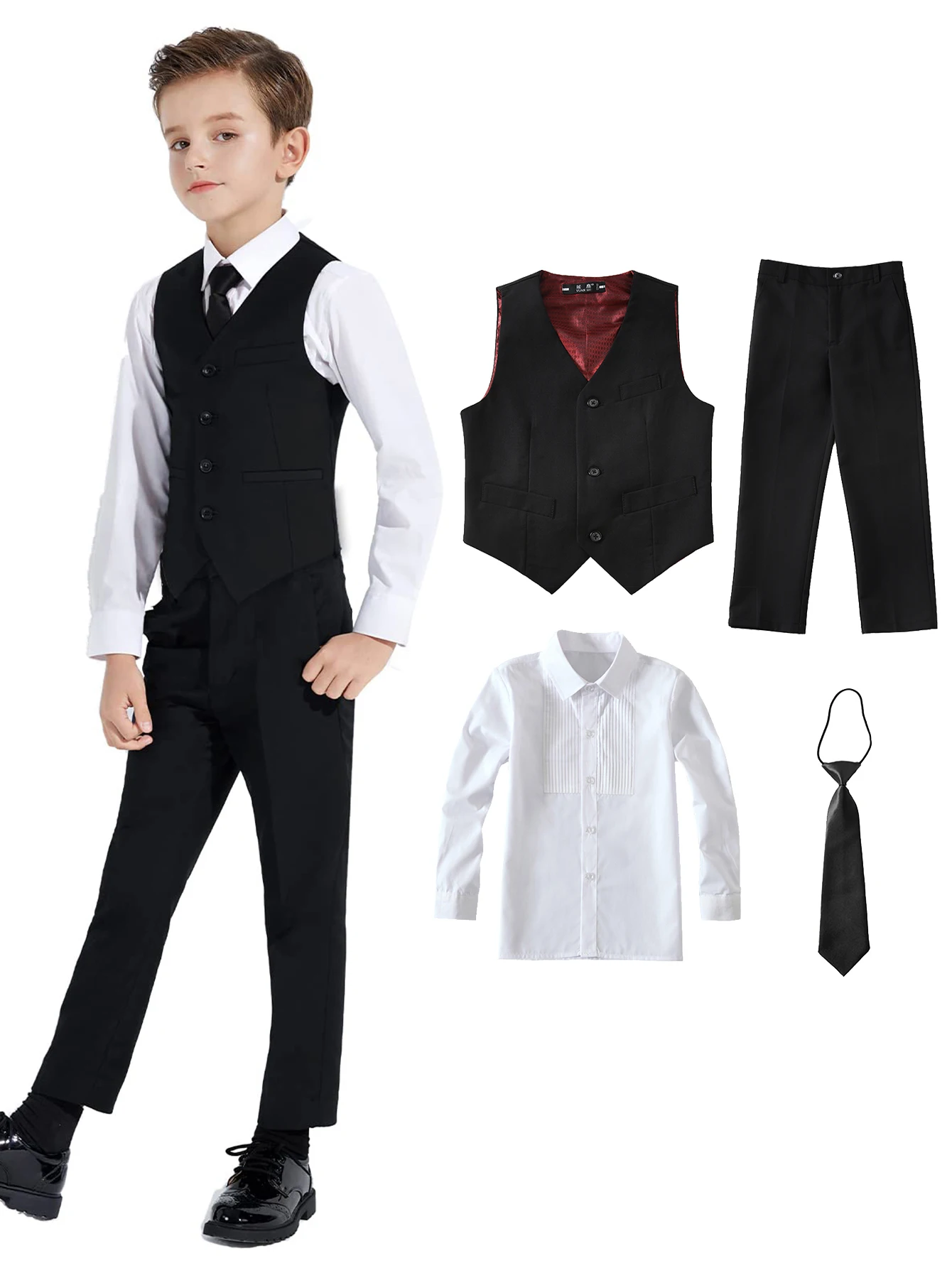 4 Piece Boys' Formal Suit Set with Vest Pants Dress Shirt and Tie