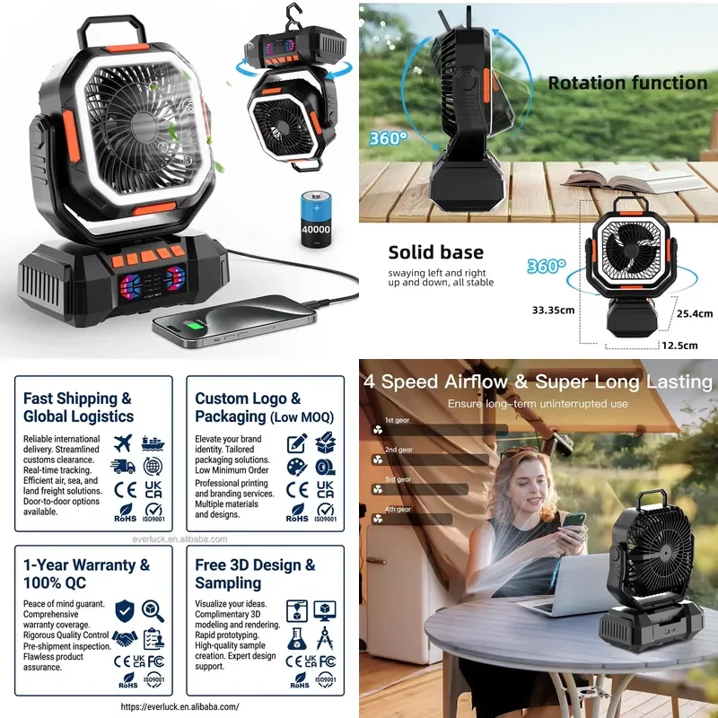 40000mAh Portable USB & Solar Rechargeable Camping Desk Fan Multi-Function LED Lamp Electric Power Source for Hotels Outdoor