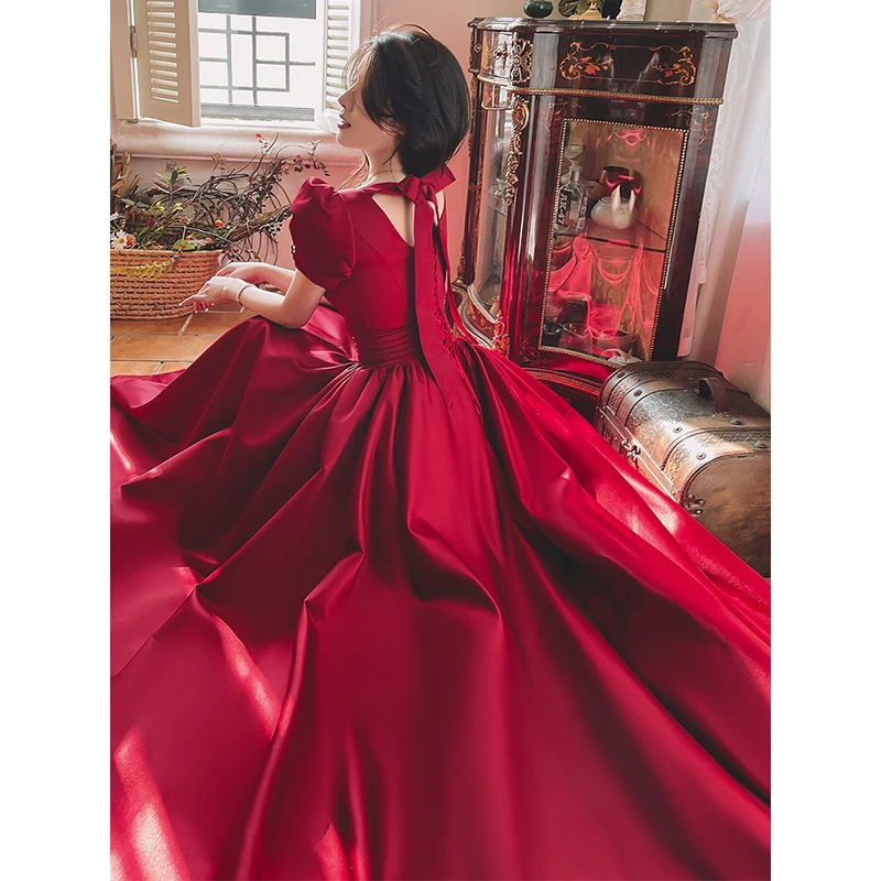 

Red Evening Gown Wedding Dr for Women Summer New Sle Korean Version ort Sve Floor Length Embroidered Ball Gown