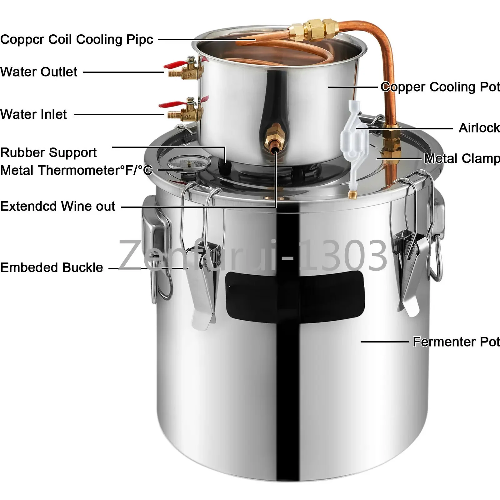 Moonshine Destilador de alcohol de cobre con bomba de circulación, kit de elaboración de aceite esencial de brandy de vino, bricolaje, 12 L, 20 L, 30 L