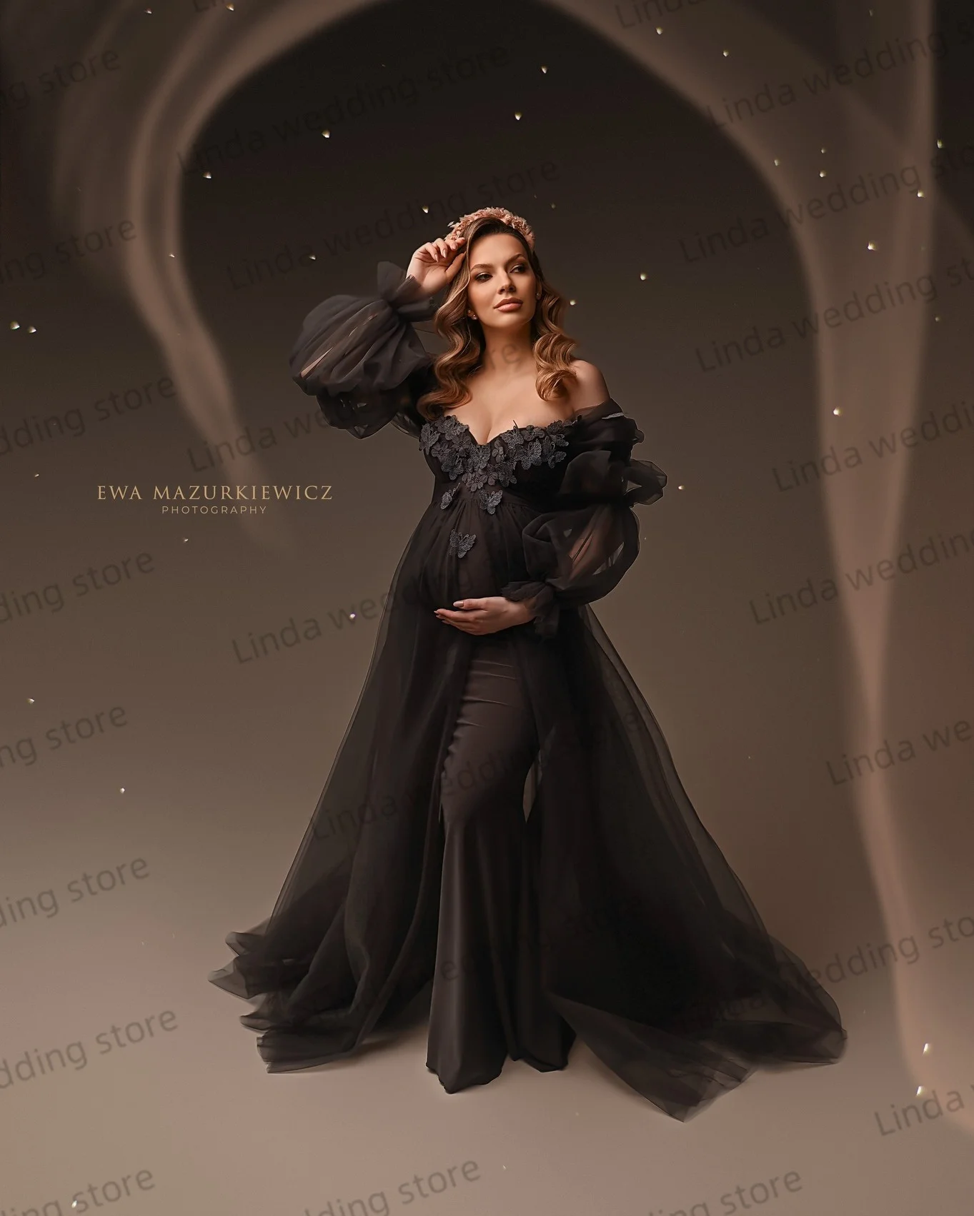 Charming Black Maternity Dress for Photo shoot Sweetheart Pregnancy Lace Appliqued Photography Dresses with Lining Customized