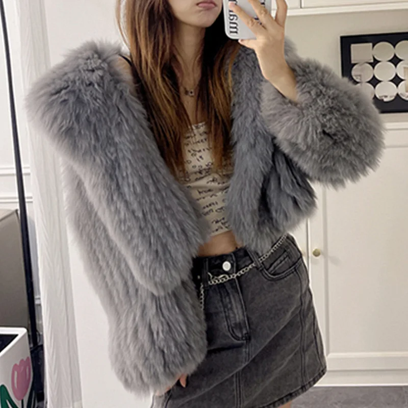 

2024 Haining fur winter fox hair woven double-sided encrypted navy collar young short fur coat for women