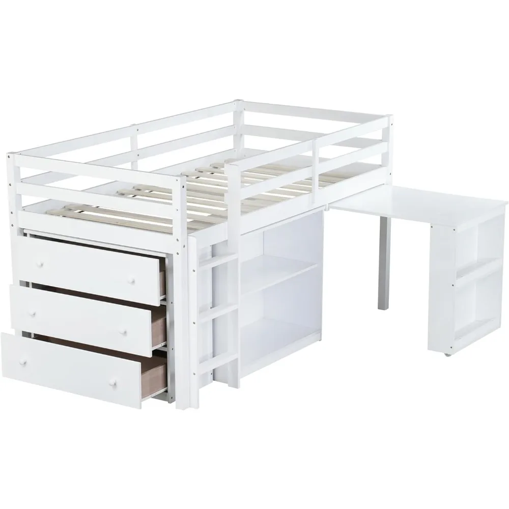 Cama alta baixa de tamanho duplo SOFTSEA com mesa e armazenamento, cama alta de tamanho duplo com mesa portátil, gavetas e prateleiras de armazenamento para crianças