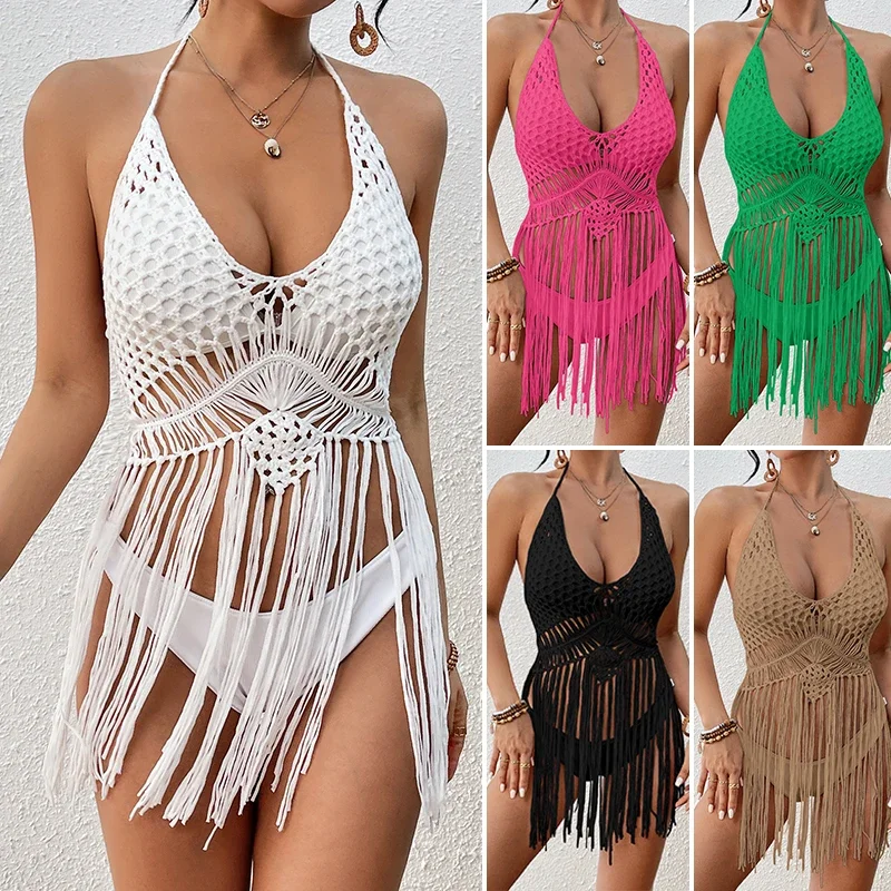 

BWQ Beach Women's Crochet Knitting Sexy Bandage Swimwear Hollow-out Long Tassel Bikini Cover up Summer Vacation Top Bathing Suit