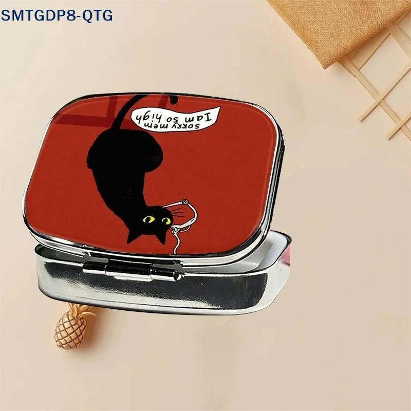 *Funny Black Cat Portable Pill Box 2 Grid Metal Mini Medicine Case Pill Organizer Small Travel Medicine Box For Pocket & Purse