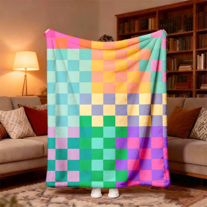 Faux Fluffy Color Block Checker Throw Blanket,Warm Living Room,Office Rest Cover,Birthday Modern Fashion Home Memento