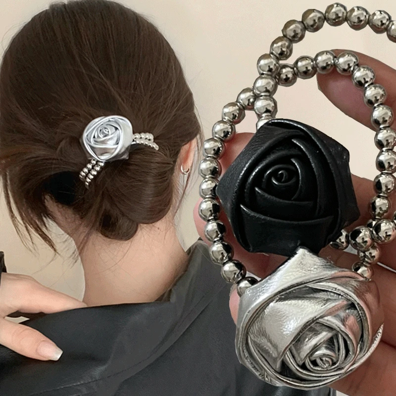 Sweet and Cool Style Silver Bead String PU Leather Rose Bud Fashionable Caring Personality Silver Hairrope Ponytail Leather Band