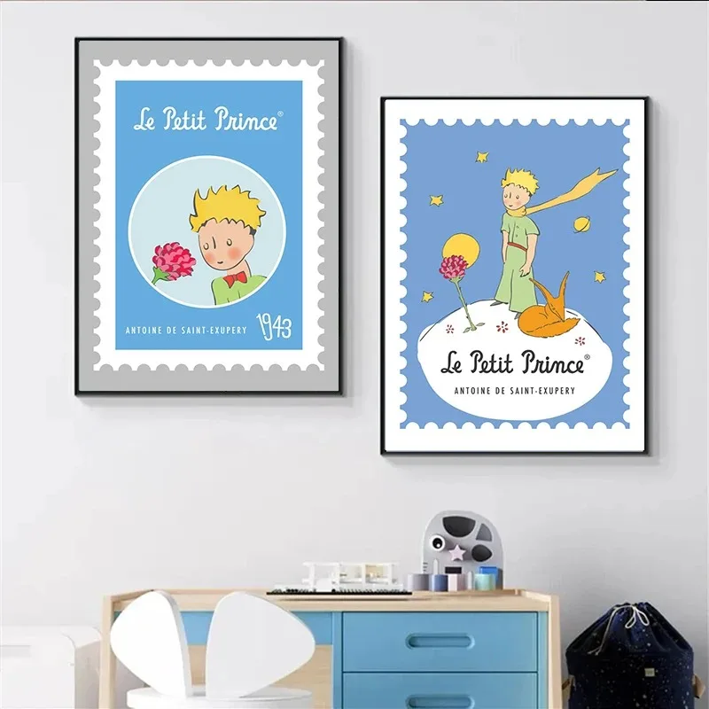 The Little Prince and Rose Fox Sheep Friendship Canvas Painting Cartoon Stamps Poster and Print Wall Art Picture Kids Room Decor