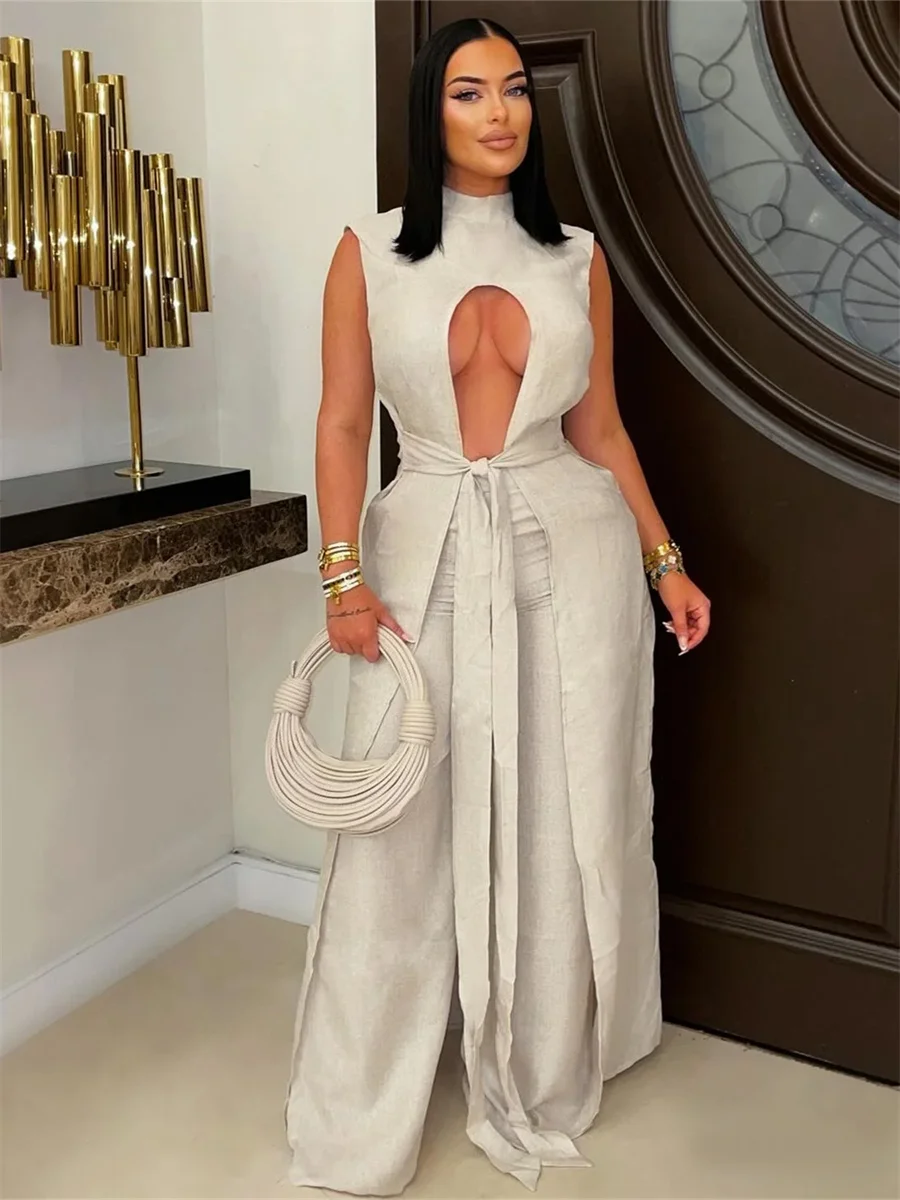 

Weird Puss Trend Hollow 2 Piece Set Women Bandages Sleeveless Turtleneck Tops+Wide Pants Casual Basic Fashion Simple Streetwear