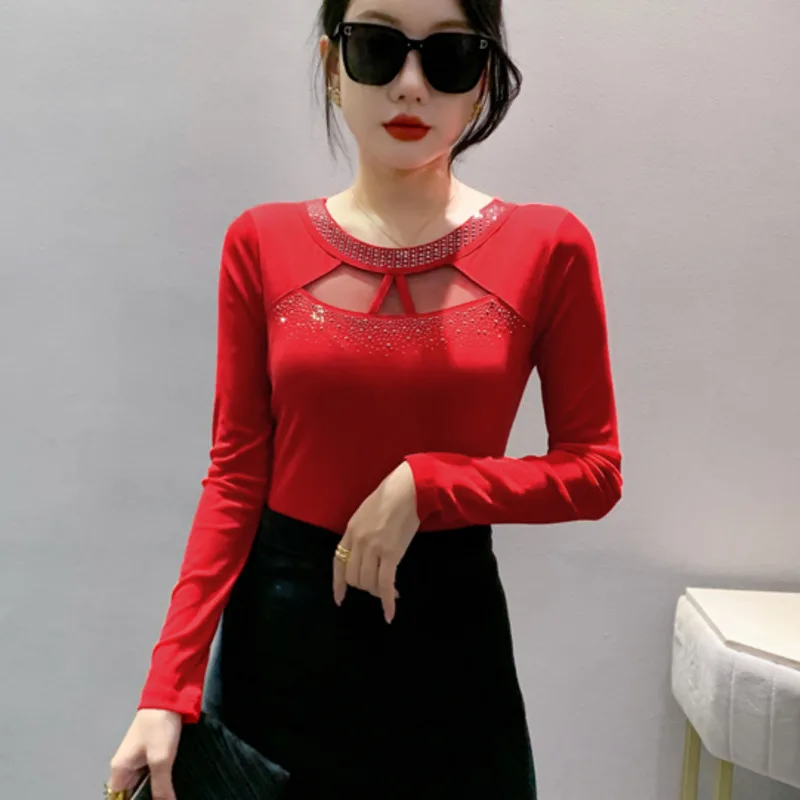 #7949 Black Red Office T Shirt Sexy Hollow Out Round Neck Diamonds Tight Streetwear T-shirt Women Long Sleeve Split Joint Tee