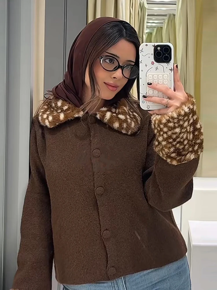 2026 Women Deer Printed Faux Fur Collar Cardigan Coat Long Sleeve Single Breasted Cropped Warm Elegant Daily Outerwear Street