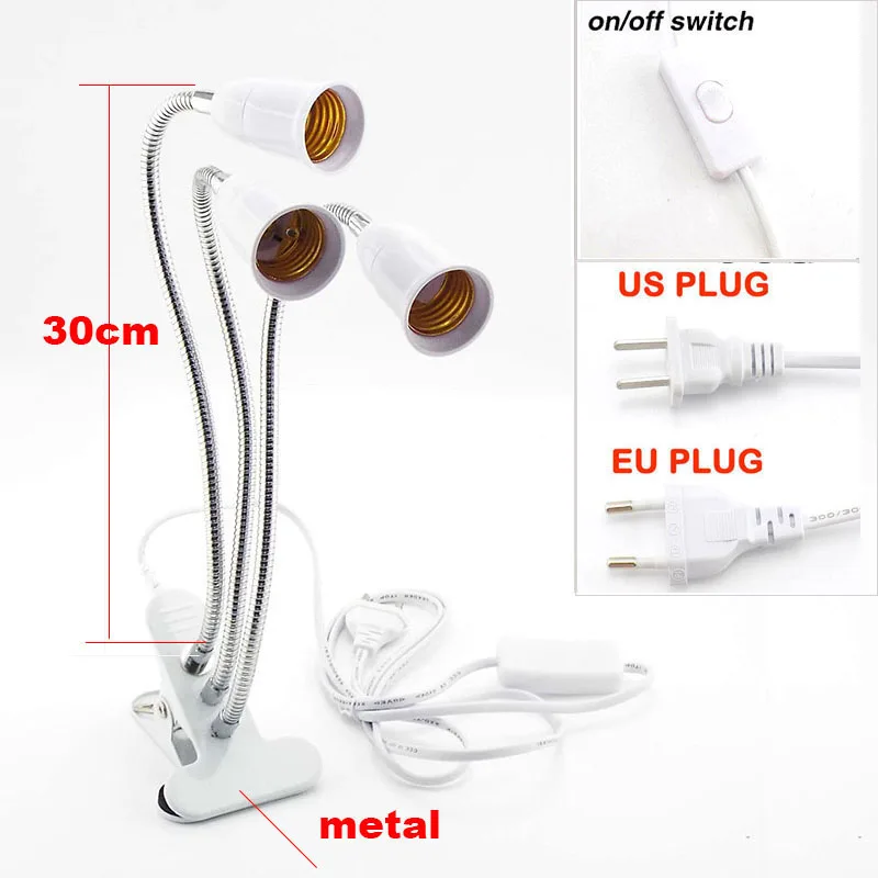 360 Degrees Flexible Desk Lamp Holder 3 Heads E27 Plug Base Light Socket with On off  Single Switch Cable for LED Grow Lights