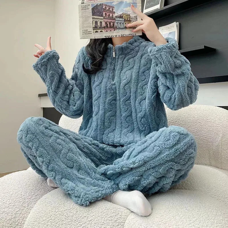 2PCS/Set Thickened Warm Fashion Coral Velvet Pajamas Fall Winter Padded Ladies Casual Elastic Striped Comfortable Homewear