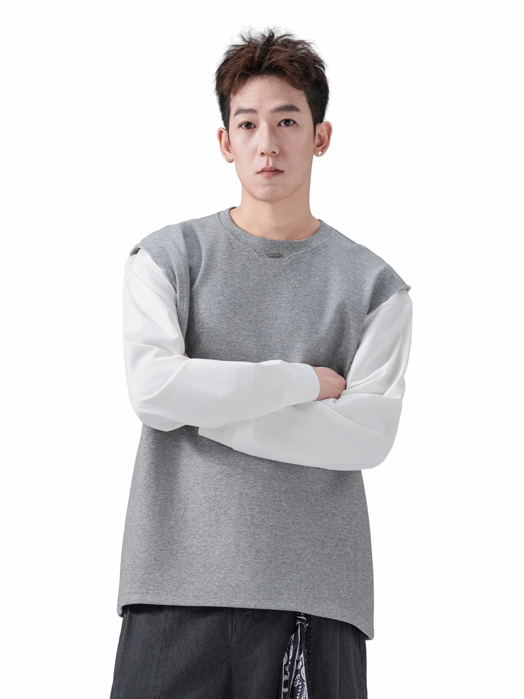 AOGZ Casual Long Sleeve T-Shirt Unisex Loose Splice Color Block Top Breathable Comfortable Cotton Blend Fashionable Streetwear