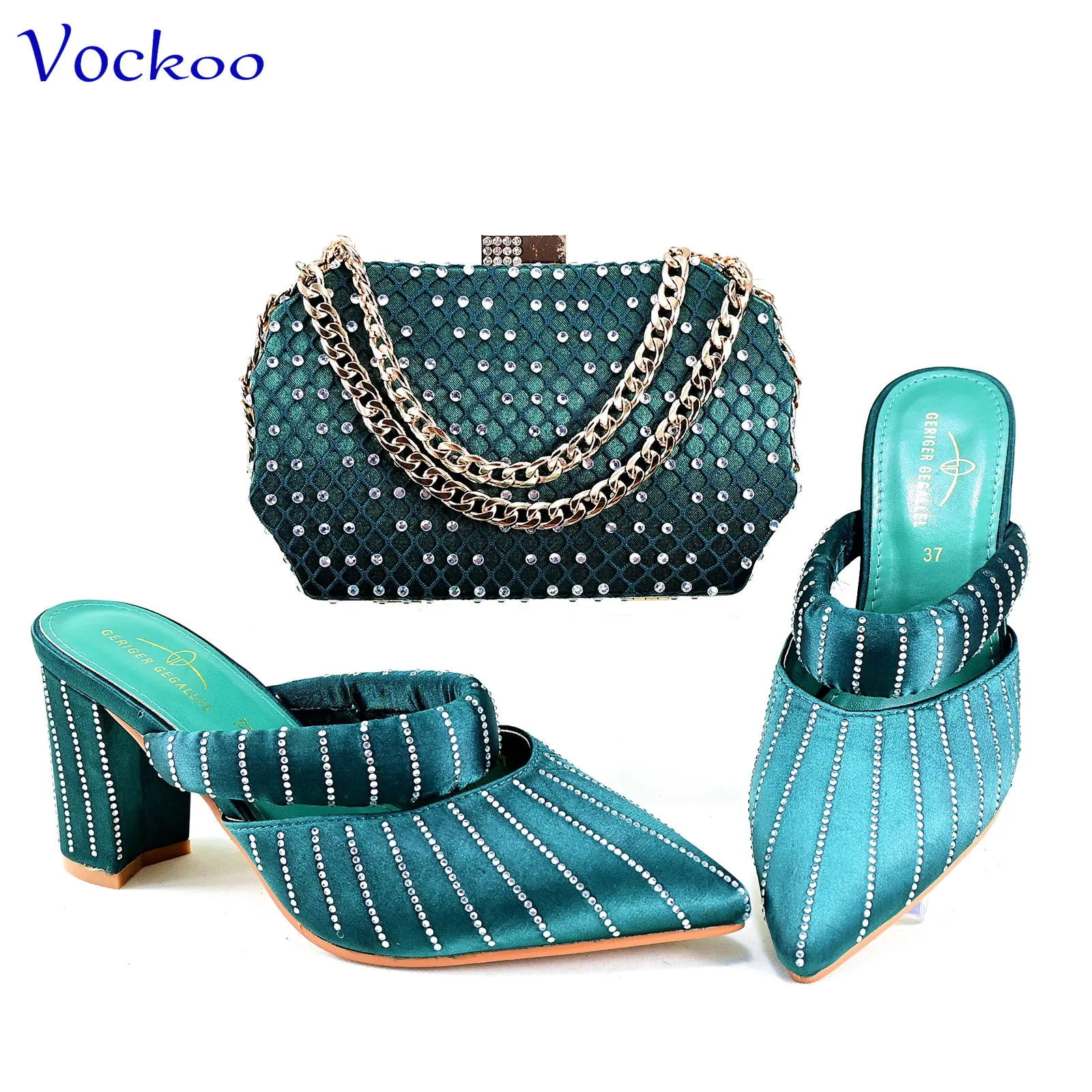 

Fashion Design Nigerian Shoes and Bag Set Comfortable Heels with Shinning Crystal Mature Ladies Slipper in Teal Green Color