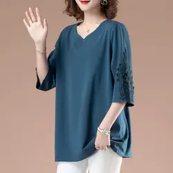 Plus Size Embroidery Hollow Out Tops Tees Summer New Half Sleeve V Neck Solid Color Loose T Shirts Casual Vintage Women Clothing