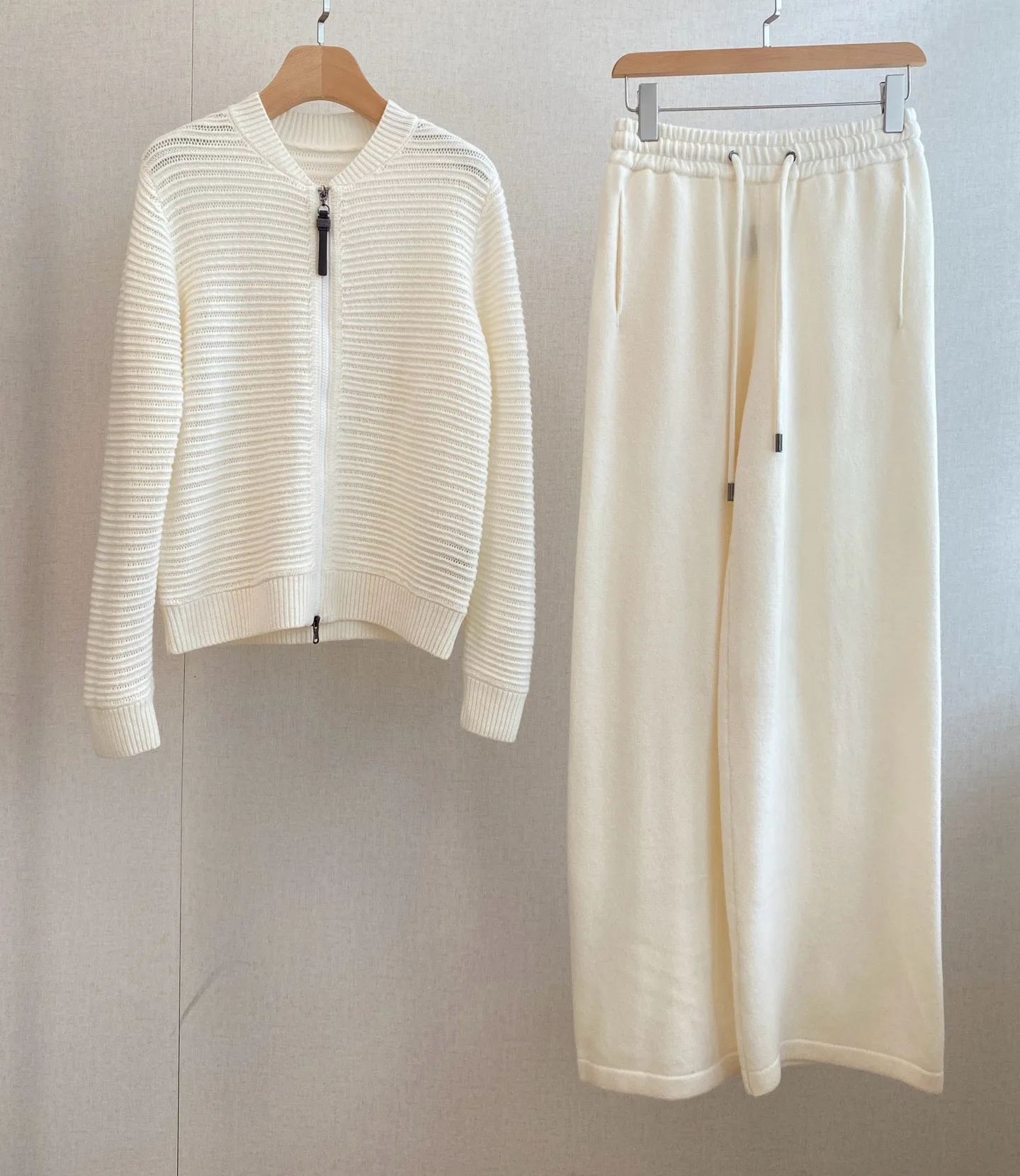 Textured Striped Knit Co-ord Set Zip Up Long Sleeve Jacket & High Waist Wide Leg Pants For Women